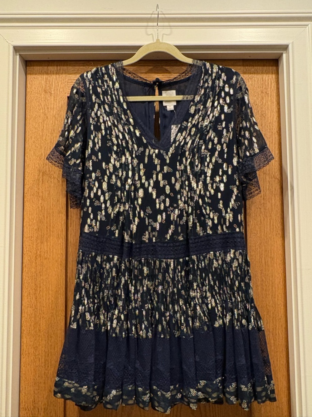 Anthropologie Navy Blue Short-Sleeve V-Neck Printed Dress with Metallic Accents